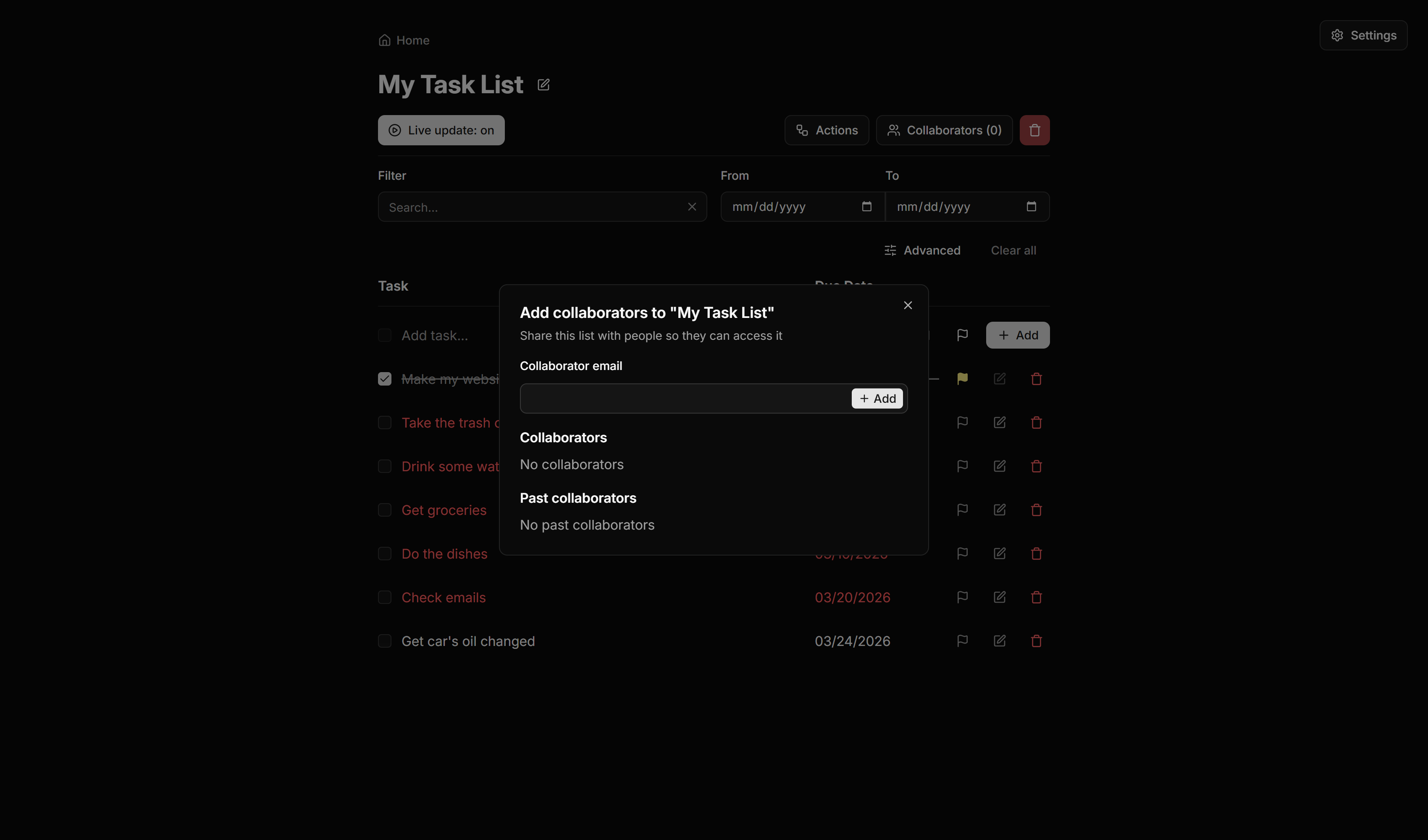 The list page of the application