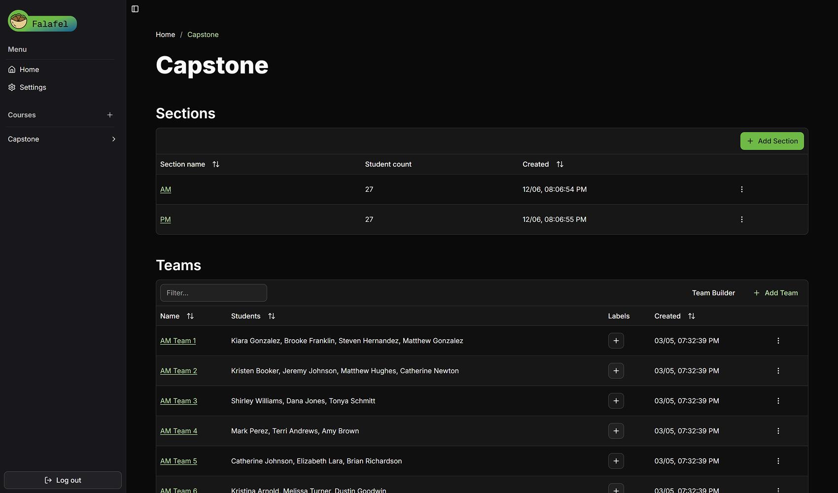 A screenshot of the Course page from FALAFEL