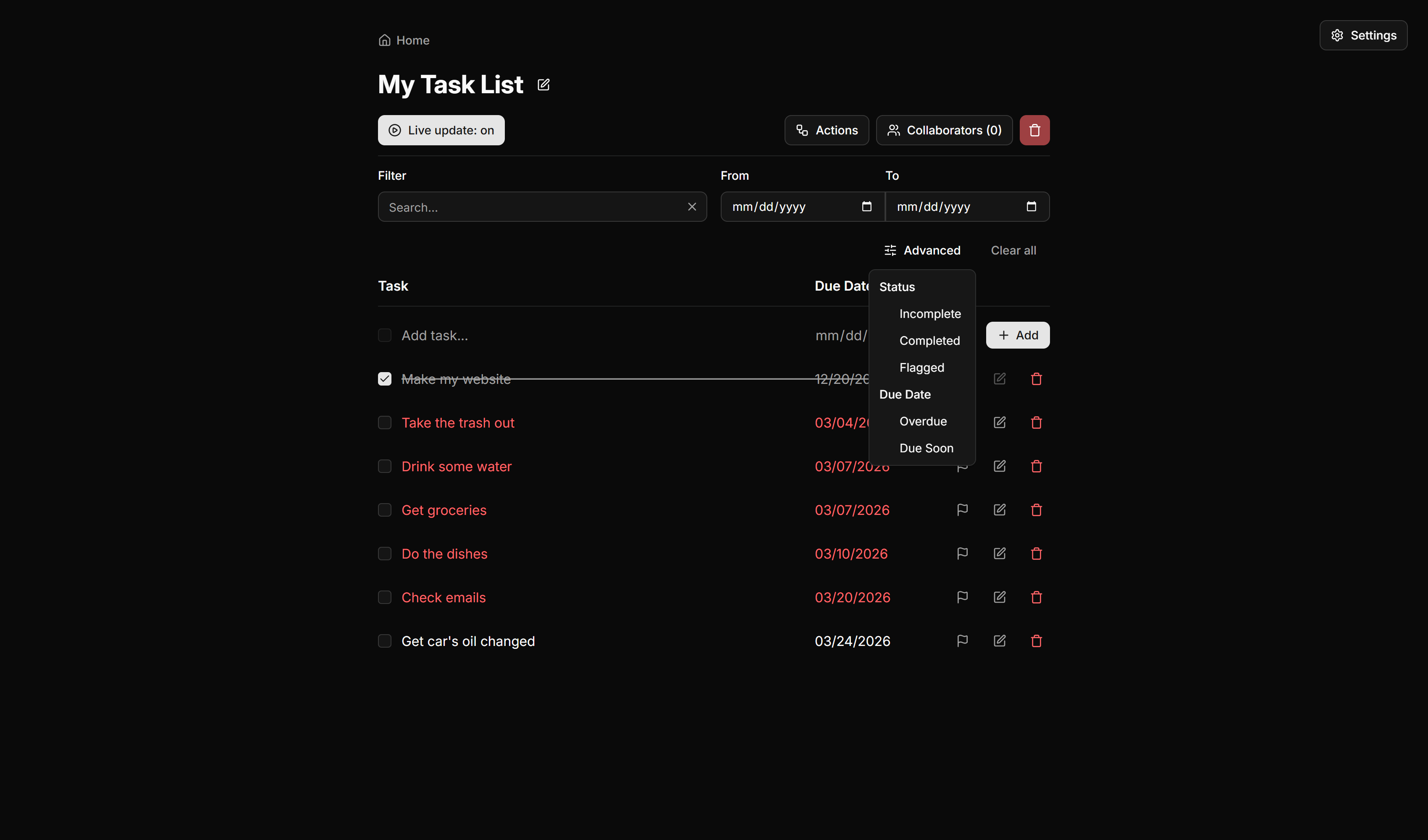 The list page of the application
