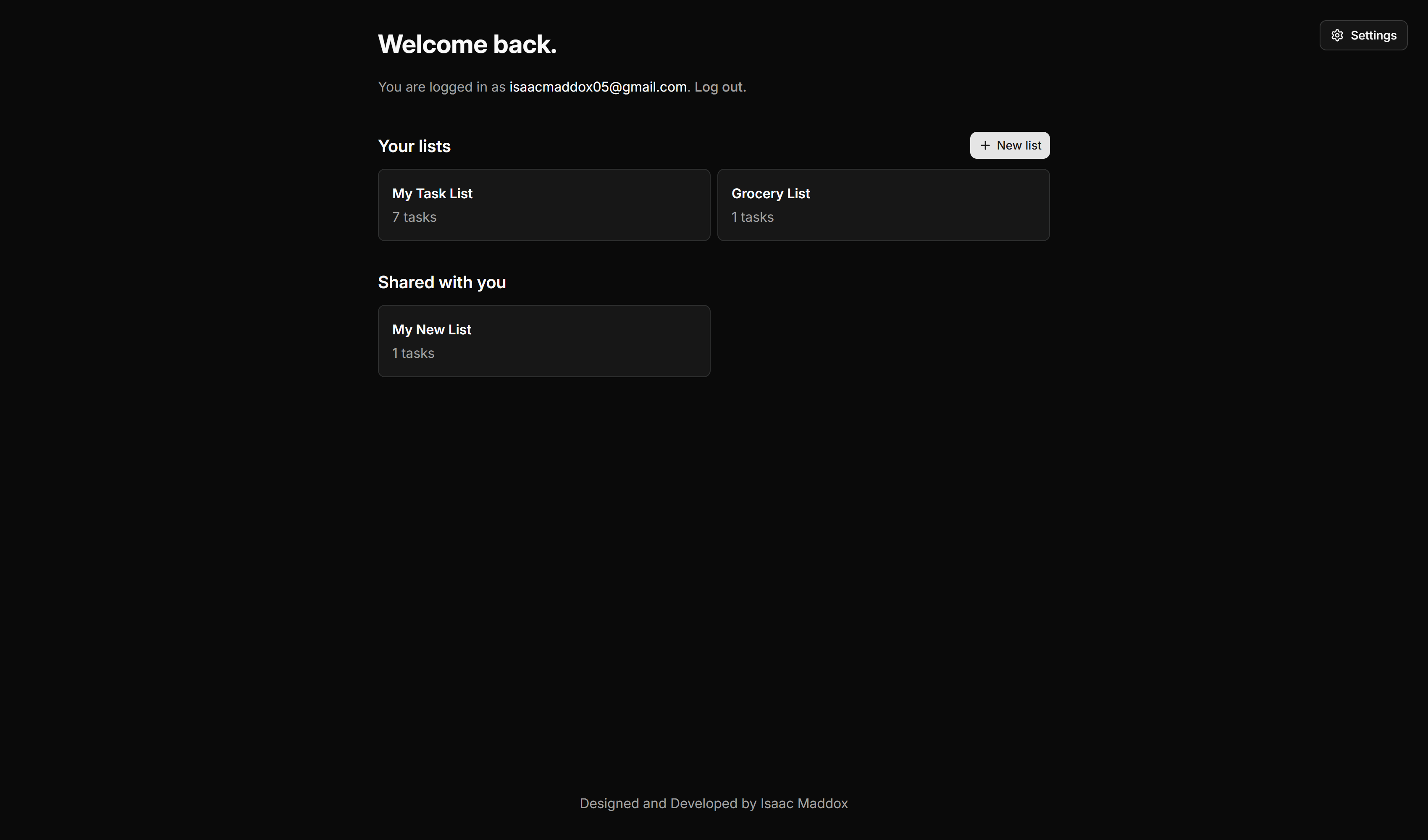 The home page of the application