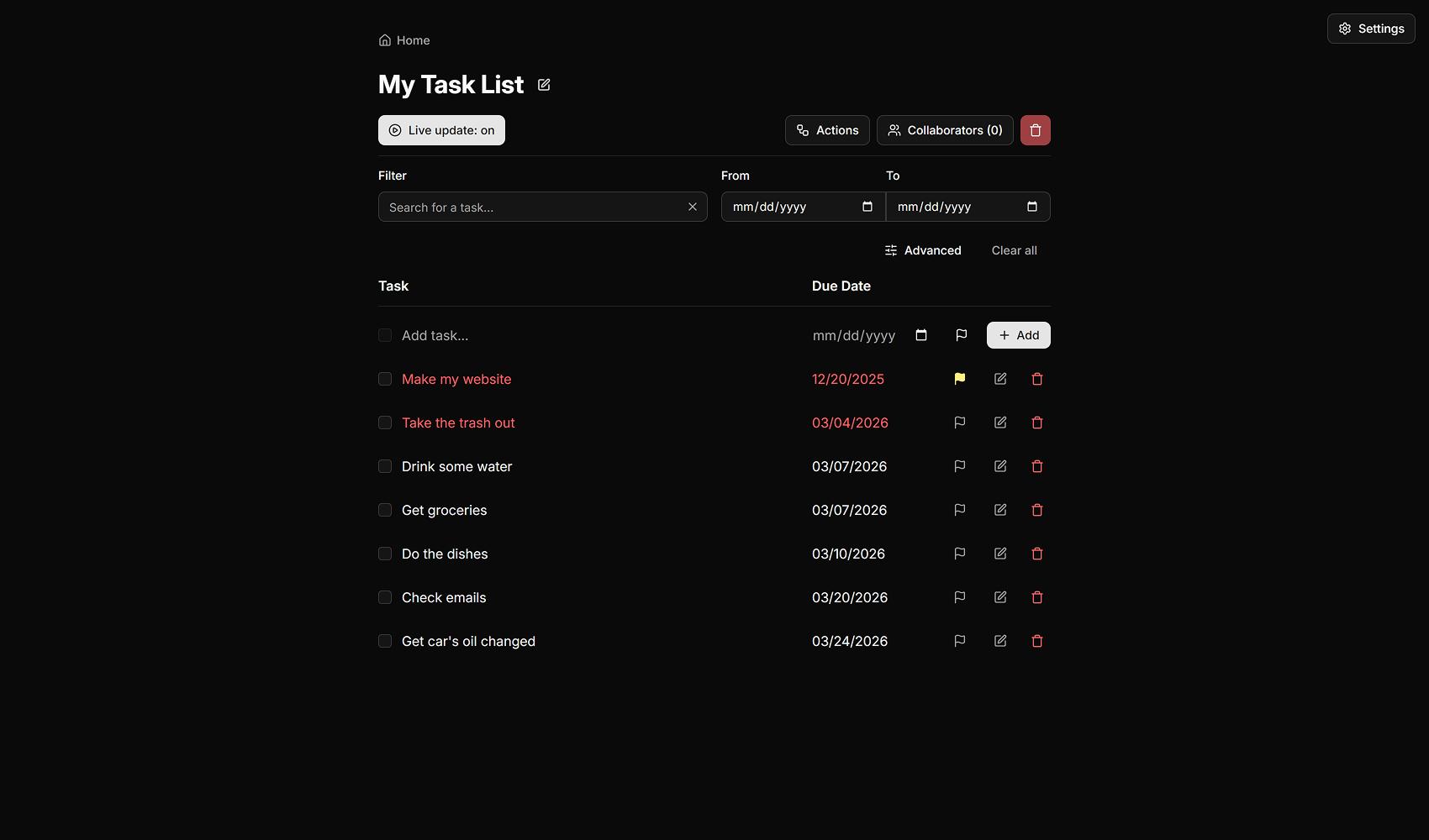 The list page of the application