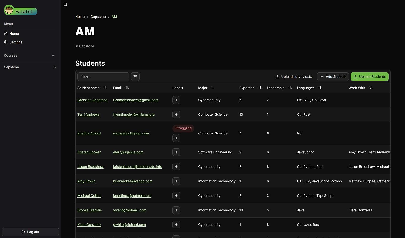 A screenshot of the Section page from FALAFEL