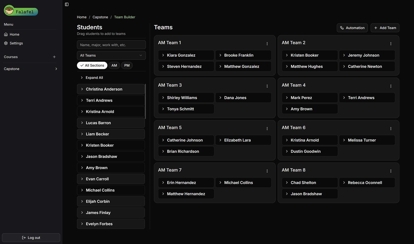 A screenshot of the Team Builder page from FALAFEL