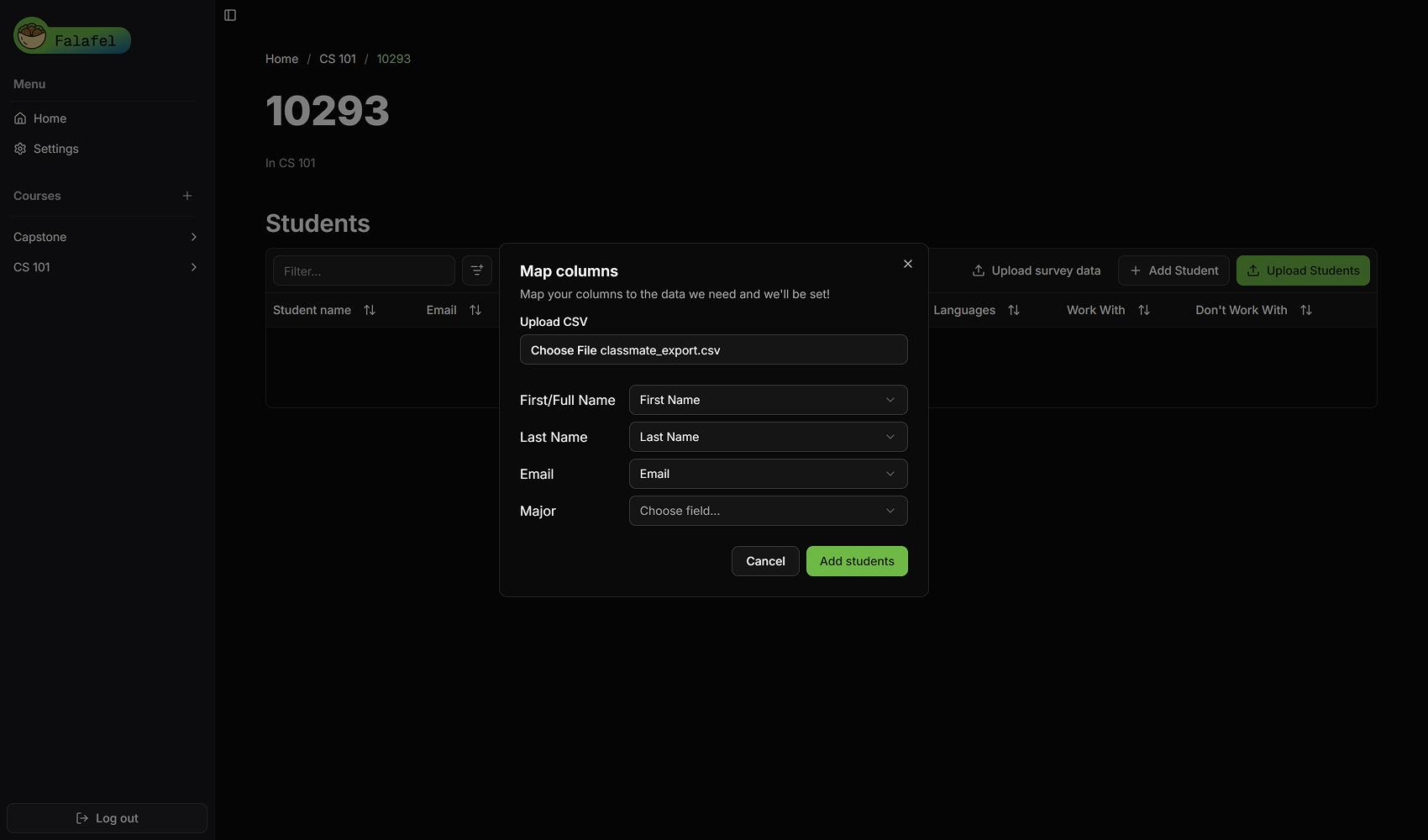 A screenshot of the Upload Students modal from FALAFEL